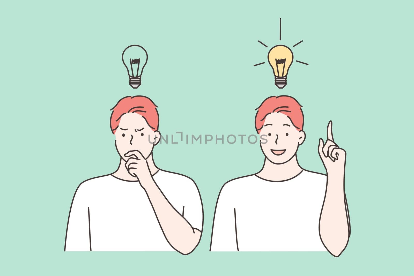 Success, thought, problem, business, imagination set concept. Young pensive man thinking about trouble solution. Happy boy has creative idea. Creativity and goal achievement or intelligence knowledge.