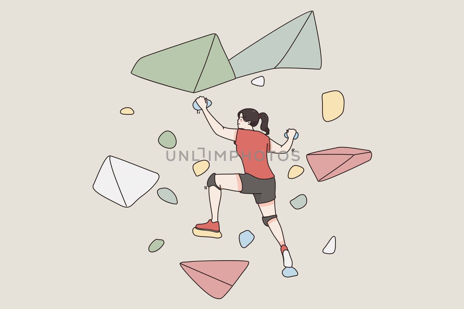 Extreme sports and active lifestyle concept. Young woman cartoon character climbing artificial hill step by step feeling excited to achieve aim vector illustration