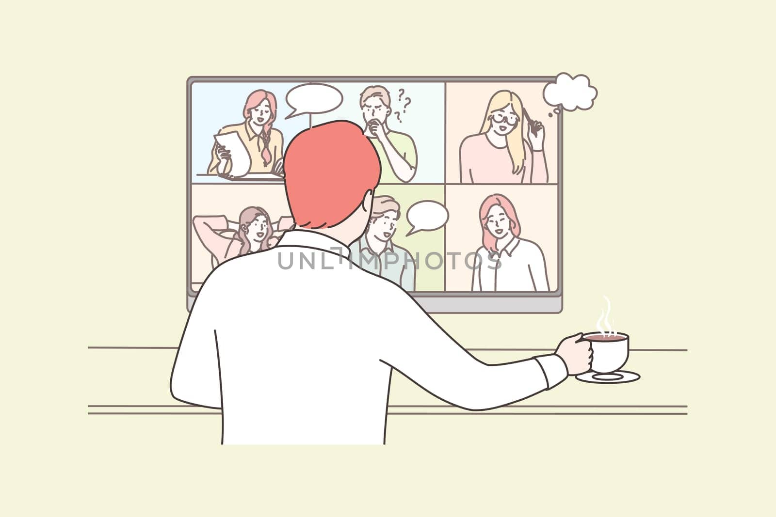 Business, online, conference, meeting, communication concept. Businessman boss manager cartoon character communicating with employess colleagues online. Remote working process during covid19 lockdown.