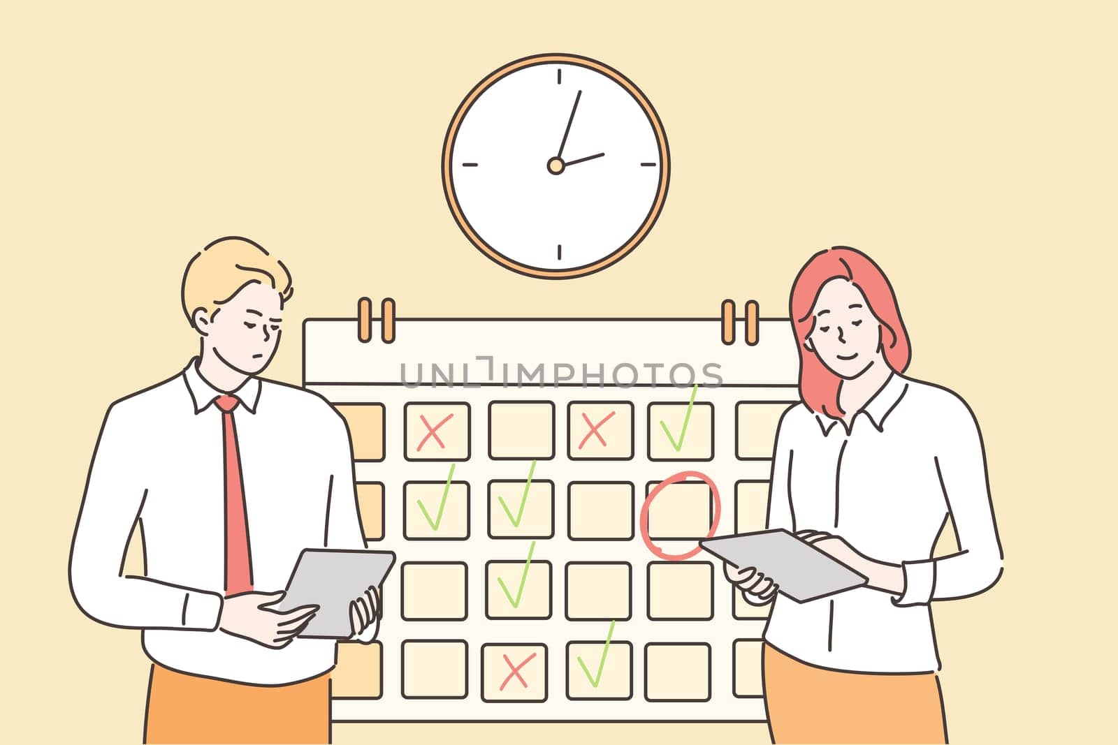 Time management, multitasking, planning teamwork, business concept. Businessman woman manager stand near calendar. Organization of working process for effective productivity. Job schedule optimization