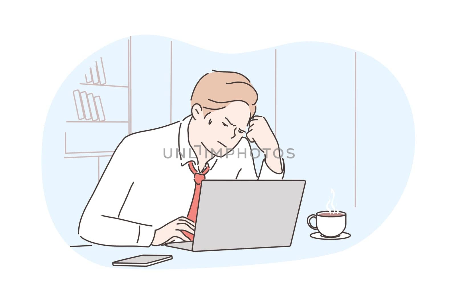 Business, frustration, mental stress, depression, work concept. Young depressed stressful frustrated businessman clerk manager working at office uses laptop. Overwork and negative emotions or headache