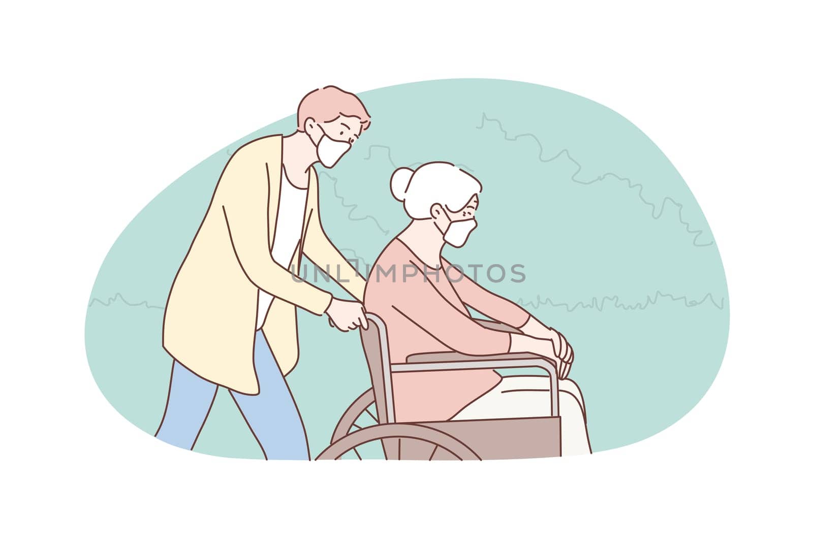 Volunteering, medicine, coronavirus, disability, health, care concept. Young man volunteer in medical face mask pushing wheelchair old woman granny pensioner. Social support and helping senior citizen