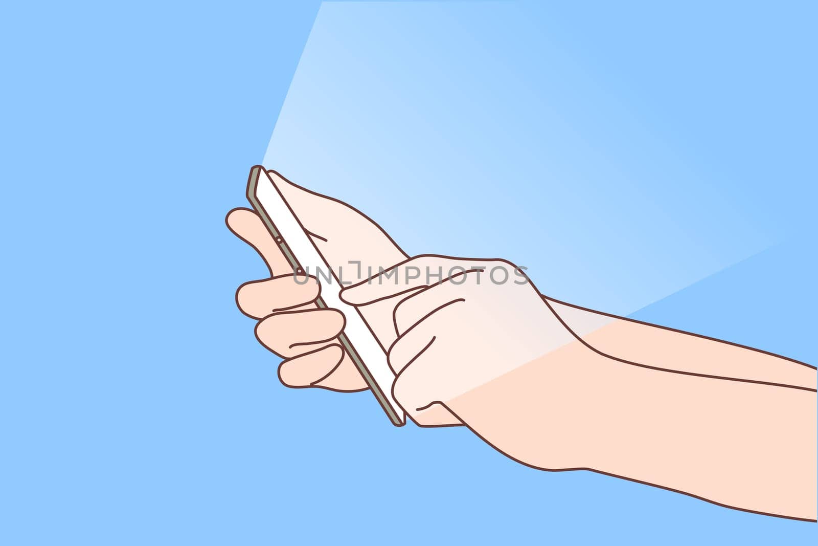 Media, network, addiction, technology concept. Social network life on your phone. Hand holding using smartphone for online communication or wasting time by hanging on mobile platforms illustration.