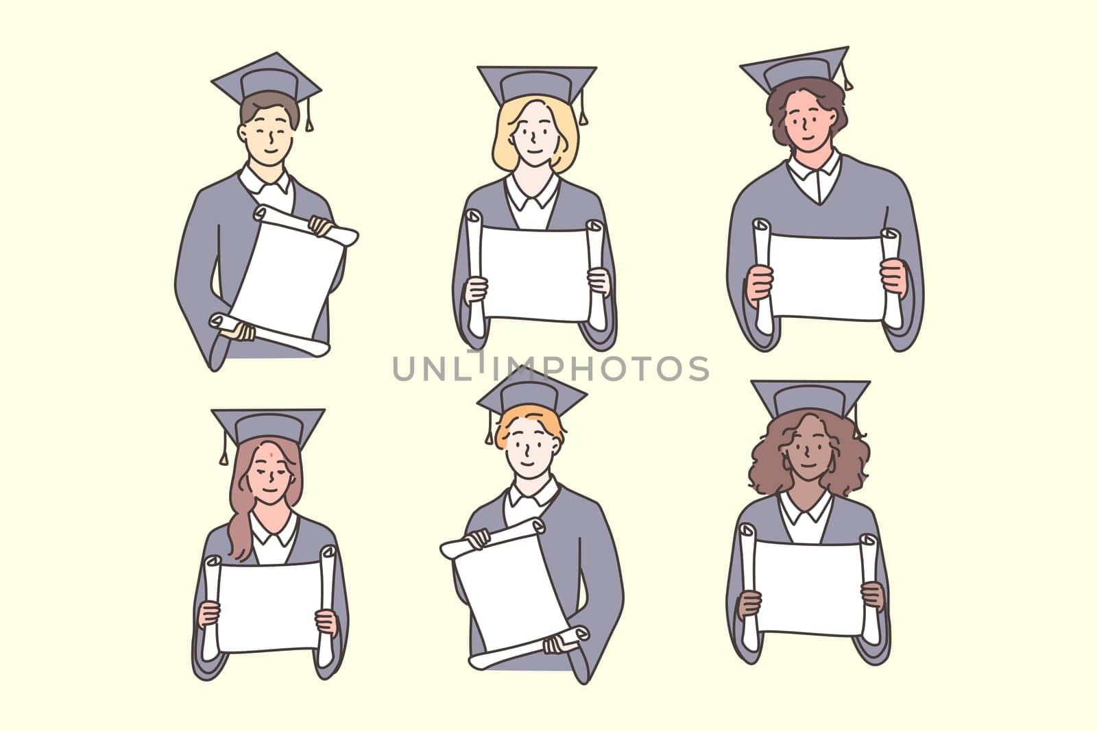 Studentship, graduation, diploma, multiethnicity set concept. Multiethnic african american chinese boys girls students in academic cap gown graduate from university. Multiracial people with banners.