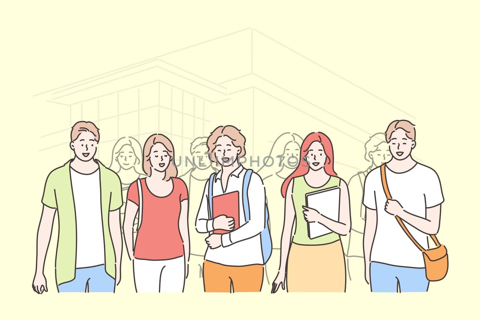 Education, study, friendship, meeting, university concept. Group of young men women boys girls college students friends with textbooks standing together looking at camera. Studentship illustration.