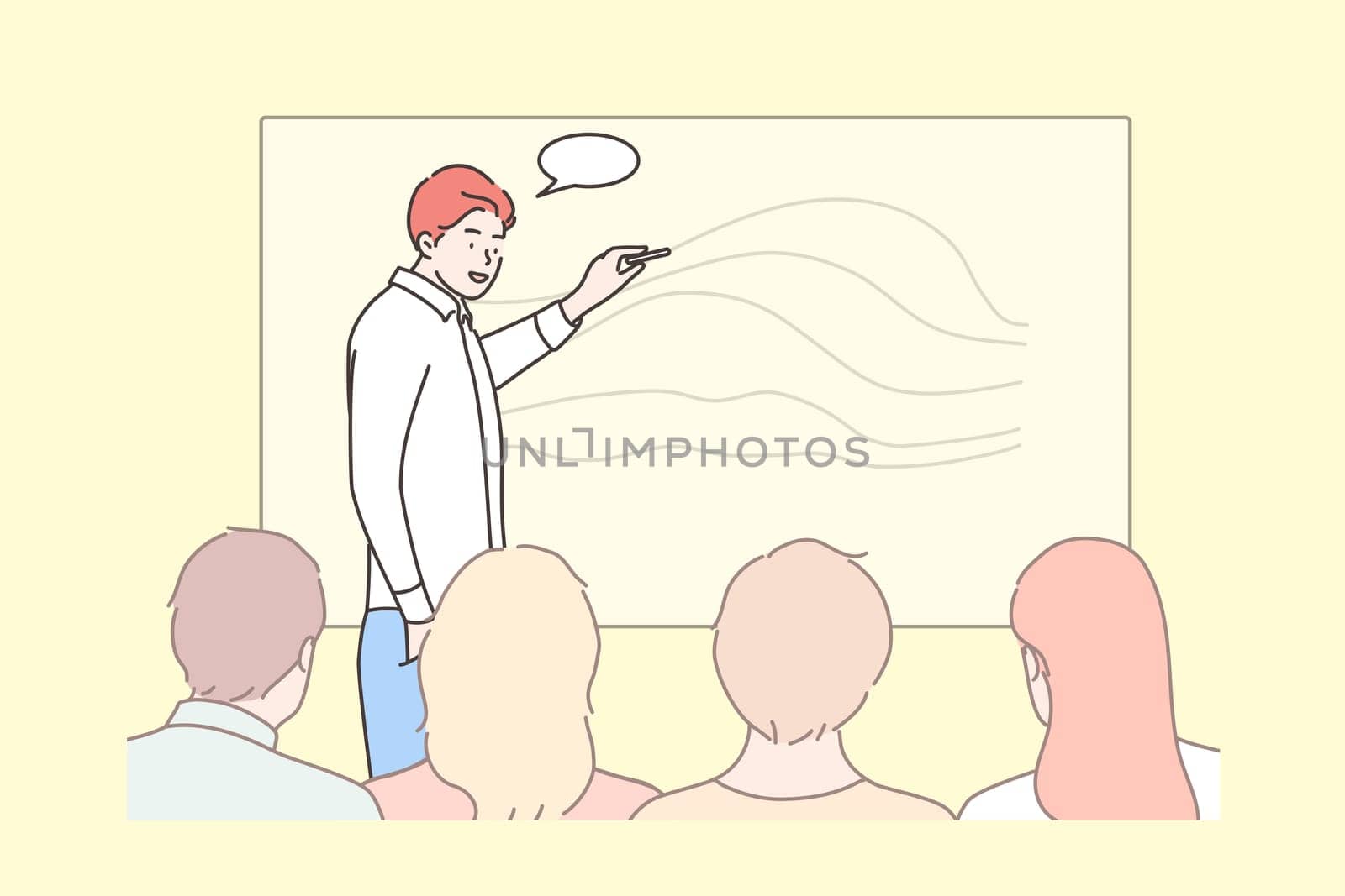 Business, education, presentation, meeting, conference, training concept. Young businessman clerk manager leader boss presentating corporate plan to audience. Company briefing and discussion analysis.