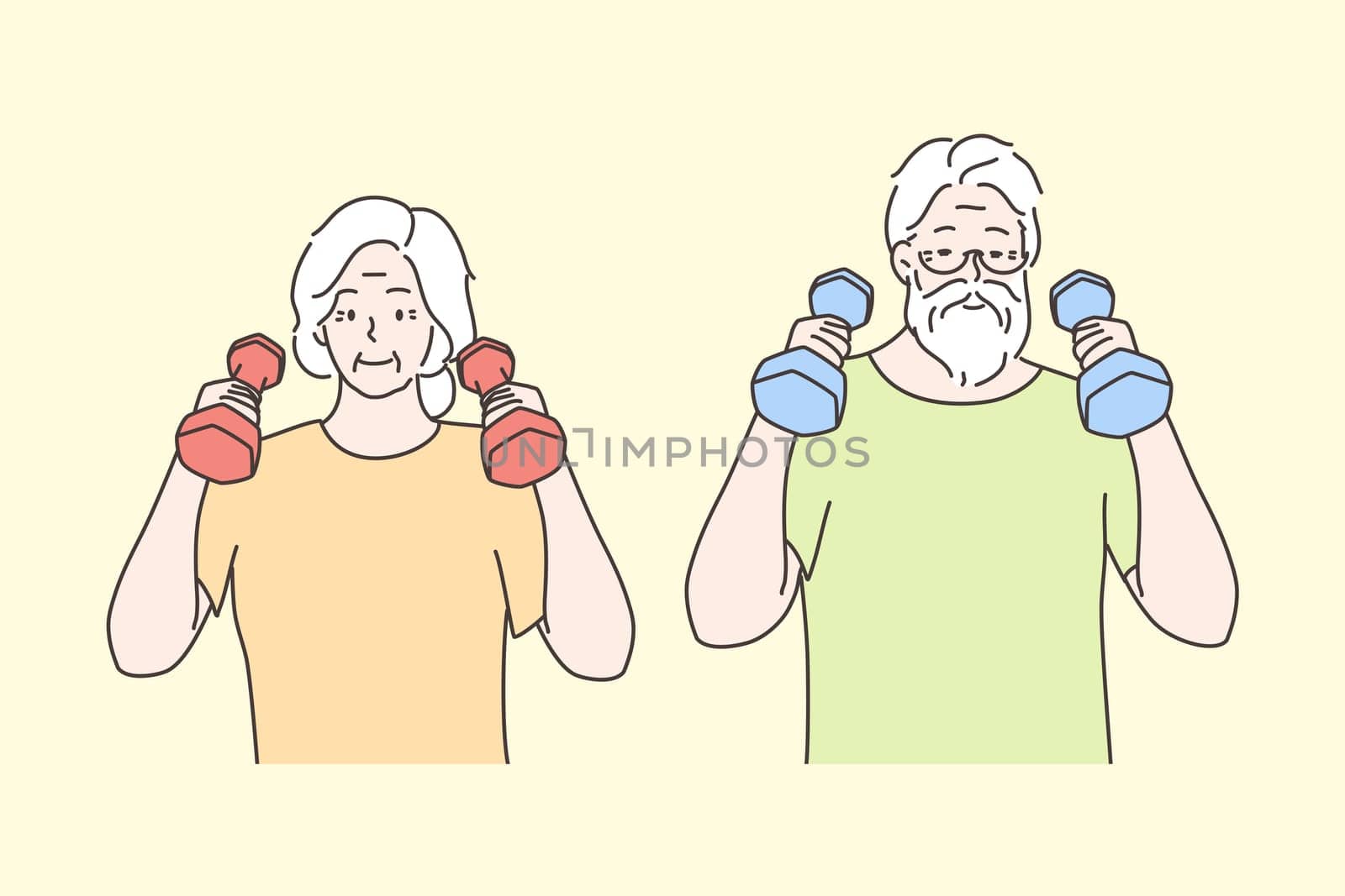 Sport, recreation, health, care, workout concept. Happy elderly people man woman senior citizens characters do morning exercises pulling dumbells and gymnastics. Healthy lifestyle active leisure time.