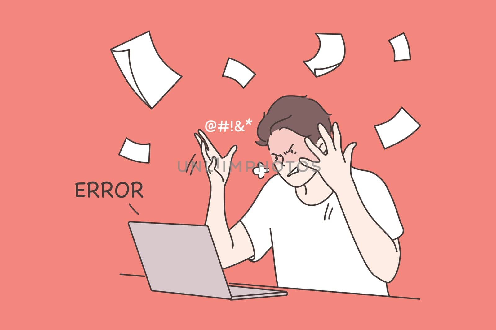 Business, mental stress, anger, fury, freelance concept. Young depressed frustrated stressful businessman manager freelancer angry throwing papers in air. Burning deadline critical error illustration.