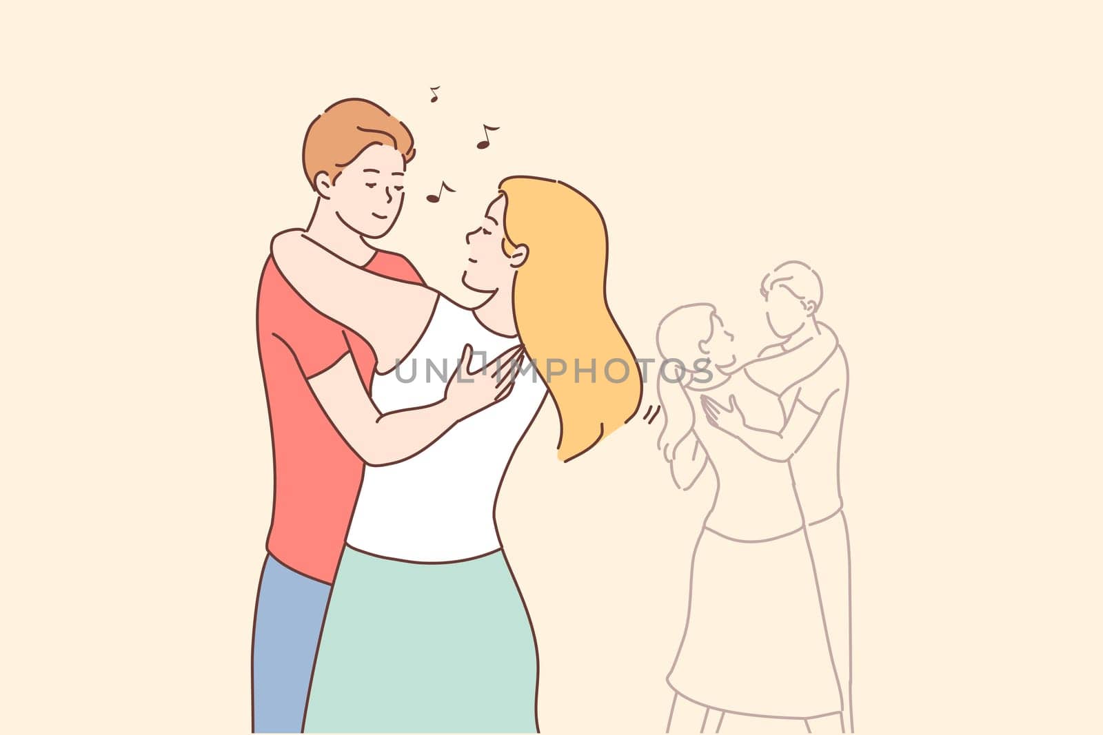 Couple, love, prom, training, recreation concept. Young happy man woman boyfriend girlfriend dancing and enjoying slow foxtrot tango in dance studio. Choreography education romantic date illustration.