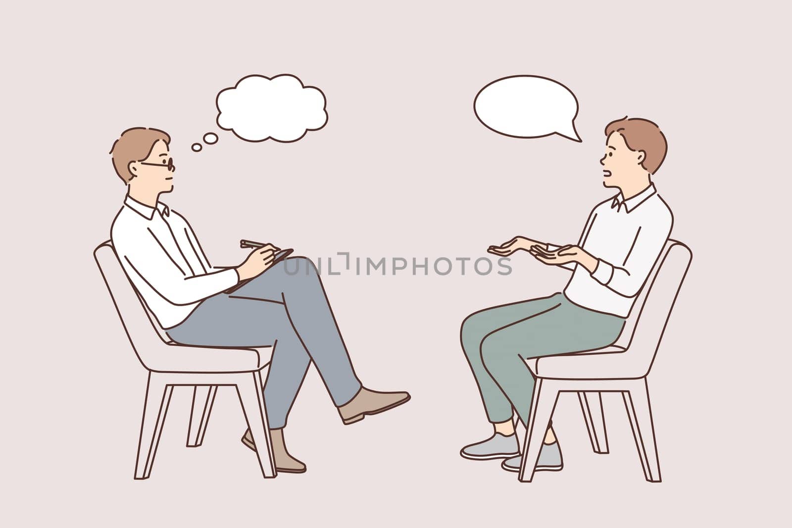 Business interview and head hunting concept. Young man job seeker sitting answering questions of recruiter looking at him and making notes in notepad vector illustration