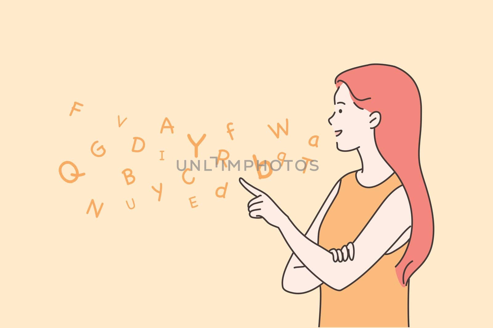 Education, teaching, speech therapy concept. Young happy woman therapist cartoon character articulating on logopedic treatment session. Learning alphabet letters at school or kindergarten illustration