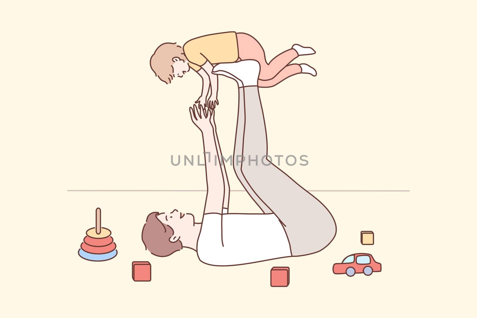 Family, fatherhood, childhood, play, recreation, leisure concept. Joyful young man dad lying on carpet floor lifting excited happy little child kid son at home. Having fun and fathers day illustration