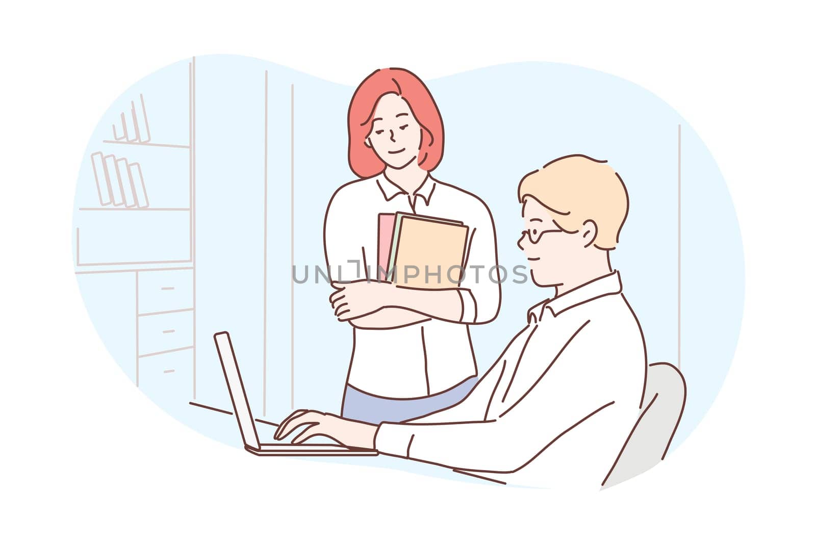 Business, discussion, report, work, team, coworking concept. Young businessman woman clerks managers coworkers cartoon characters working together in office. Financial analysis teamwork illustration.