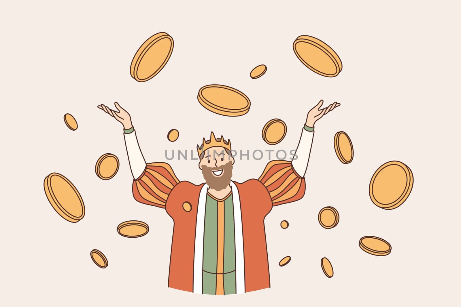 King of coins wealth concept. Young smiling man king in crown cartoon character standing with hands raised up in flying around golden coins feeling happy and confident