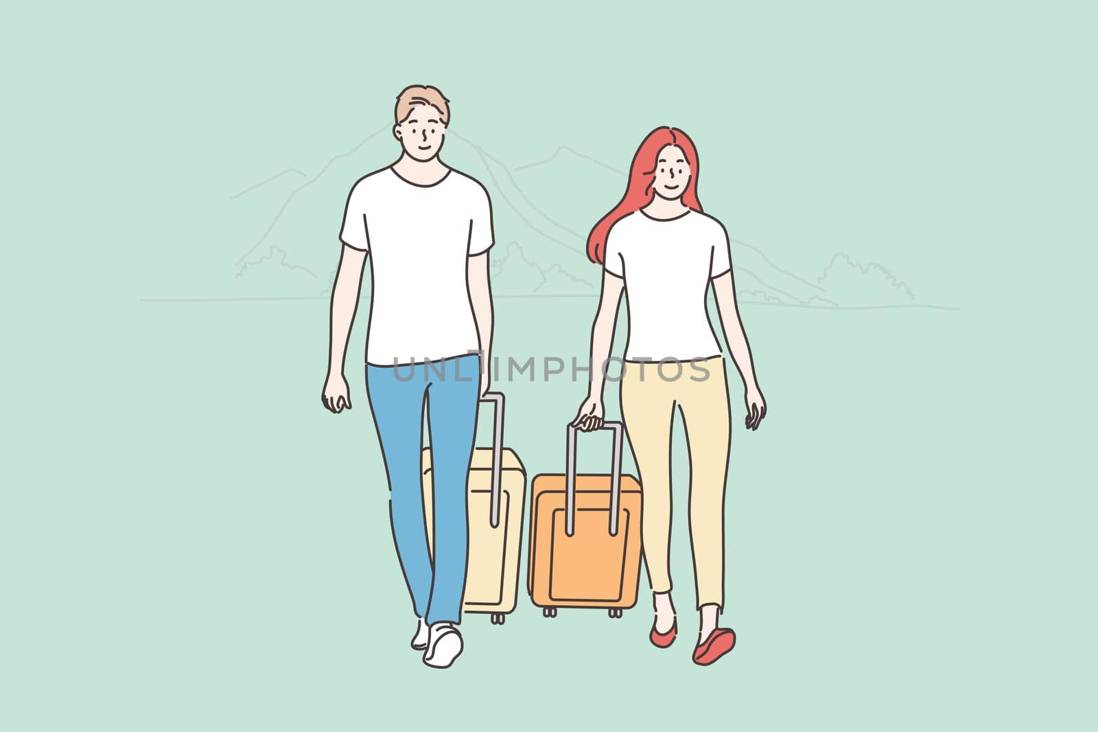 Couple, travelling, tourism concept. Young happy man woman boyfriend girlfriend travelers tourists walk with luggage together. Discovery and exploration or adventure lifestyle recreation illustration.