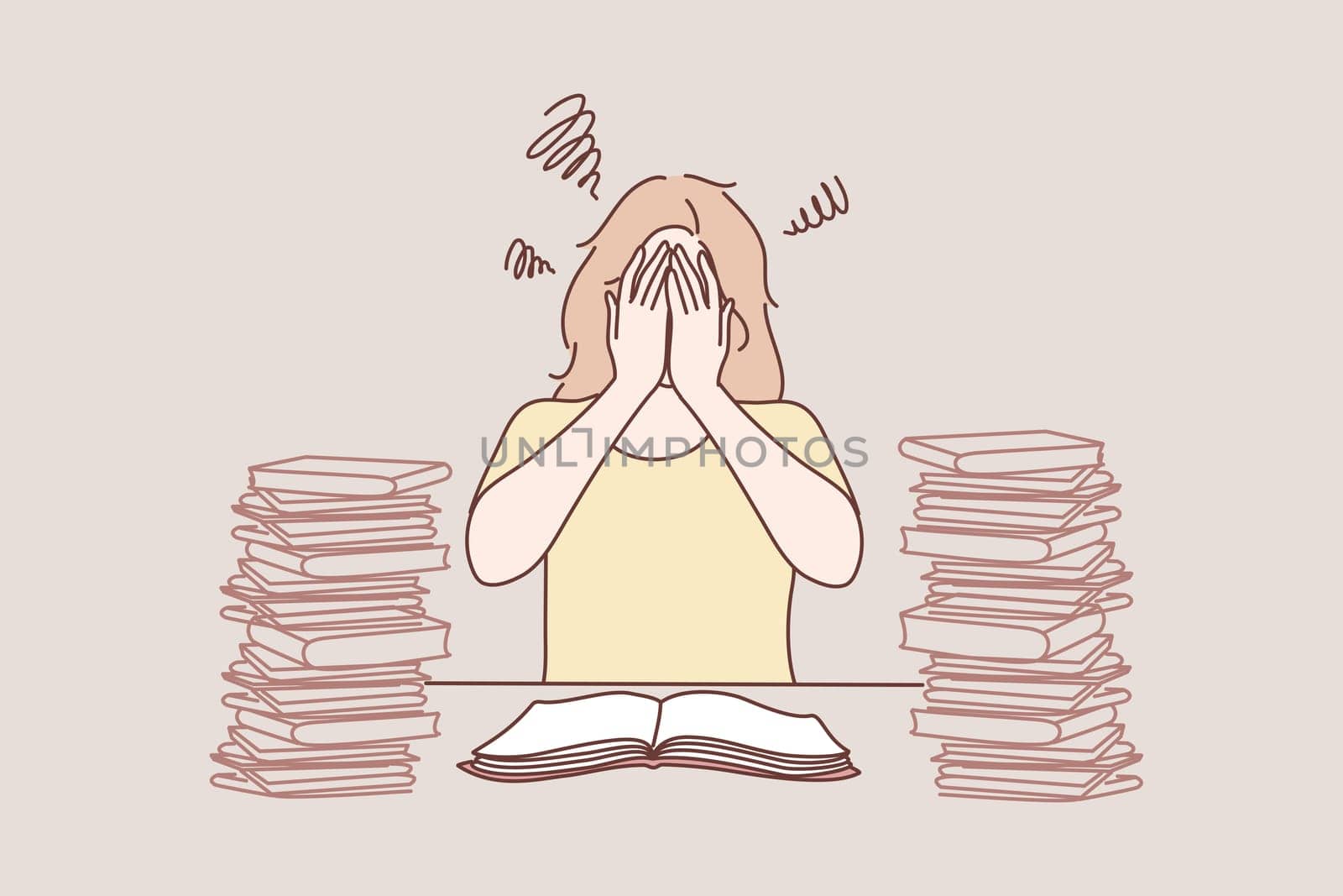 Mental stress, education, preparation, frustration, learning concept. Tired depressed frustrated woman girl student has panic attack before exam or unversity tests. Stressful time in study process.