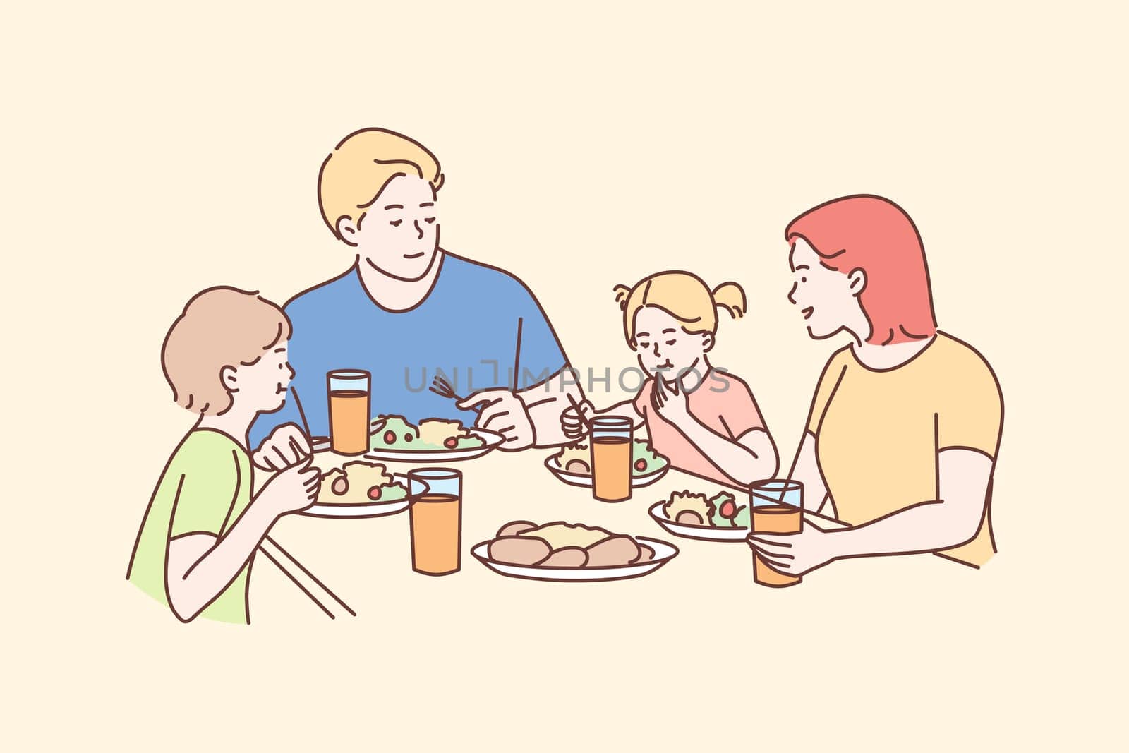 Family, meal, recreation, leisure, dinner, fatherhood, motherhood, childhood concept. Man dad woman mom children kids son daughter eating breakfast dinner lunch supper together. Fathers or mothers day