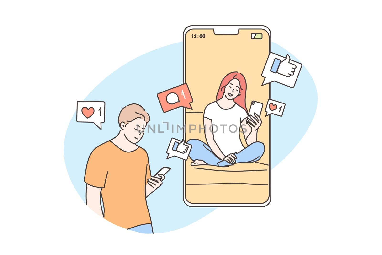 Technology, online, communication, media, quarantine concept. Young man boyfriend chatting with woman girlfriend on social network smartphone. Remote conversation during lockdown period illustration.