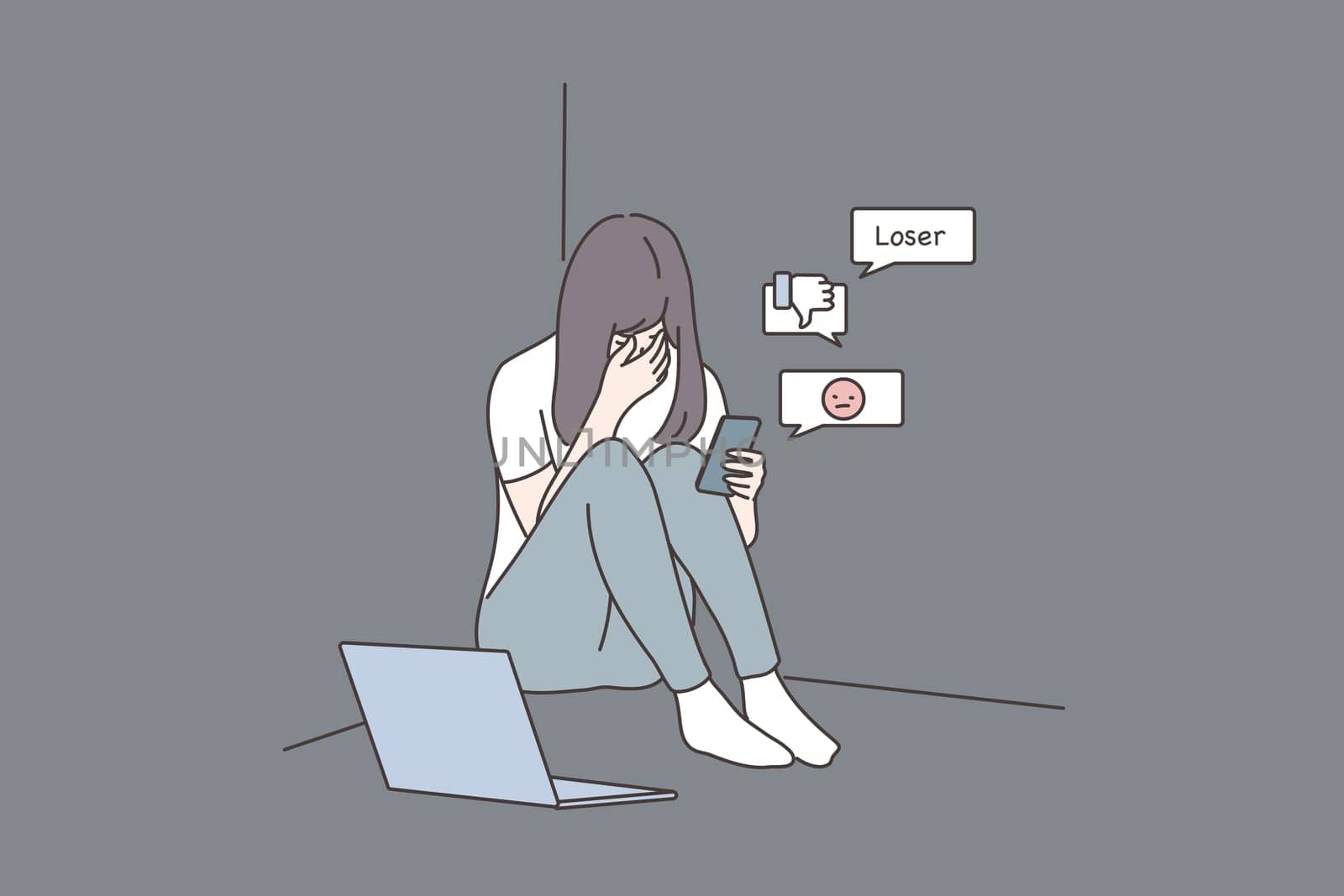 Depression, frustration, mental stress, media concept. Young derpessed frustrated woman girl teenager sitting on floor with smartphone reading messages. Suffering from cyberbullying in social network.