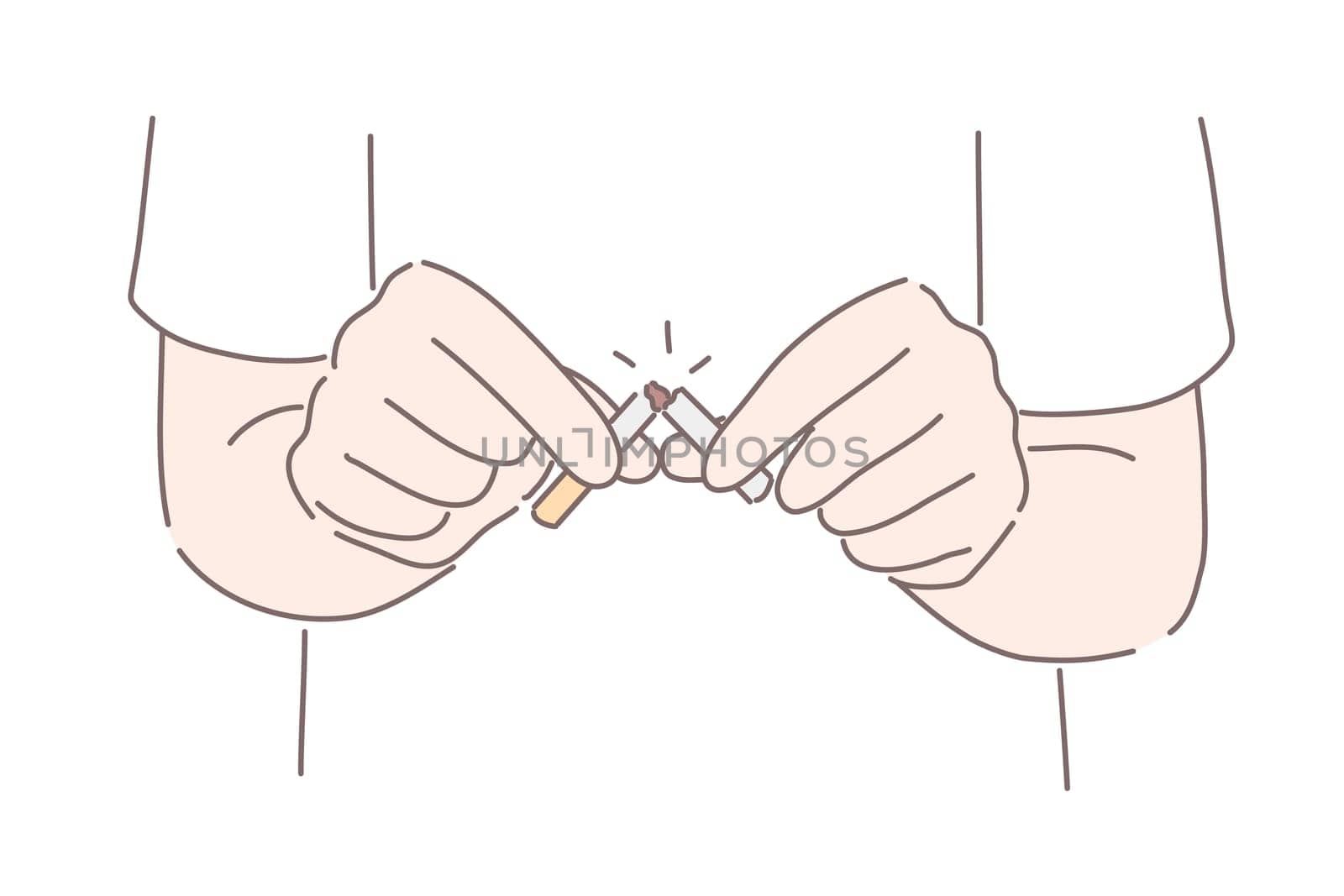 Stop smoking concept. Hands or man smoker holding and cutting cigarette to prevent smoking. Healthy lifestyle, bad habit, cancer, nicotine, addiction concept