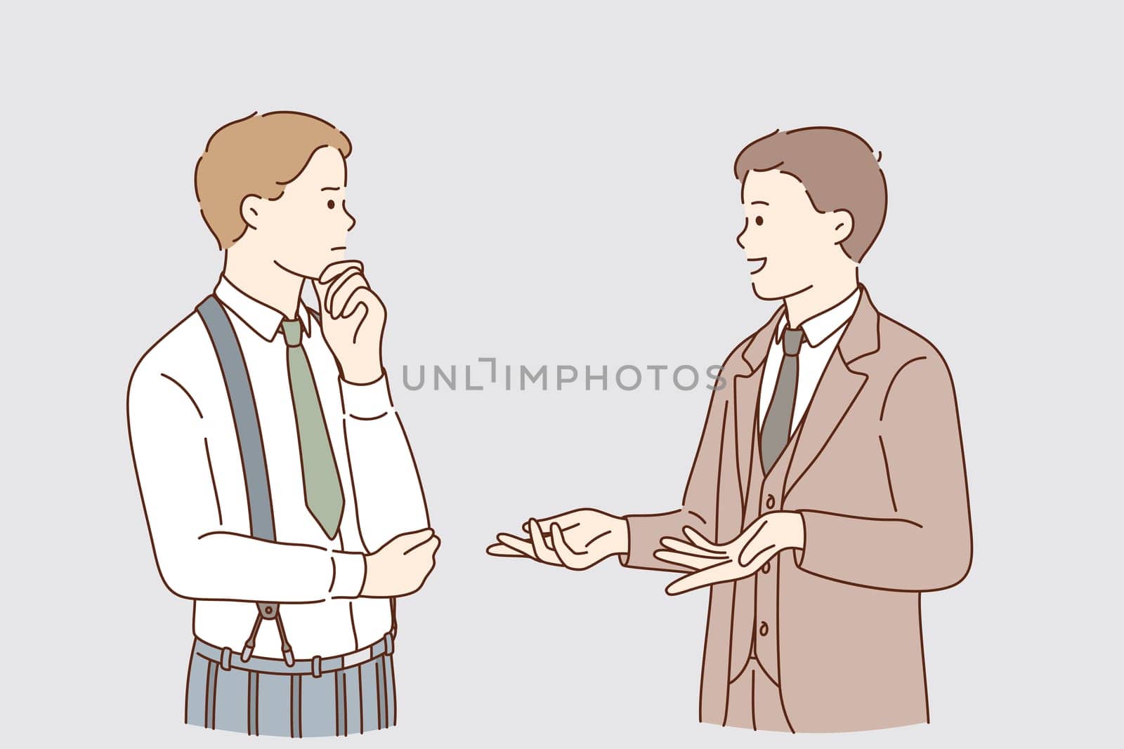 Business Communication and expertise concept. Young businessmen colleagues workers standing and talking discussing things chatting about problems communicating vector illustration