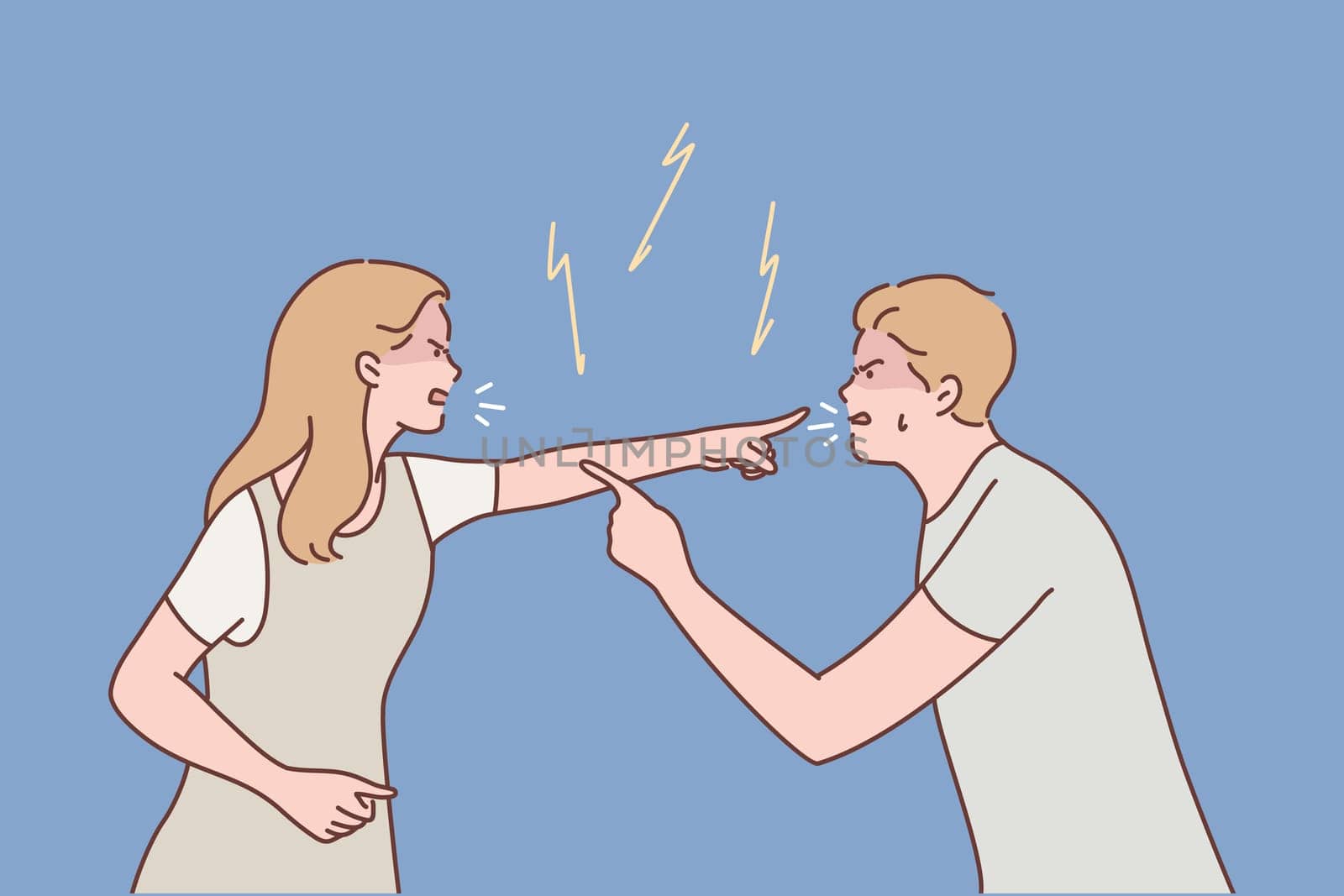 Family, couple, quarrel, divorce, aggression, conflict concept. Young aggressive man boyfriend and woman girlfriend parents yelling and quarrelling. Crisis marriage problem trouble and disagreement.