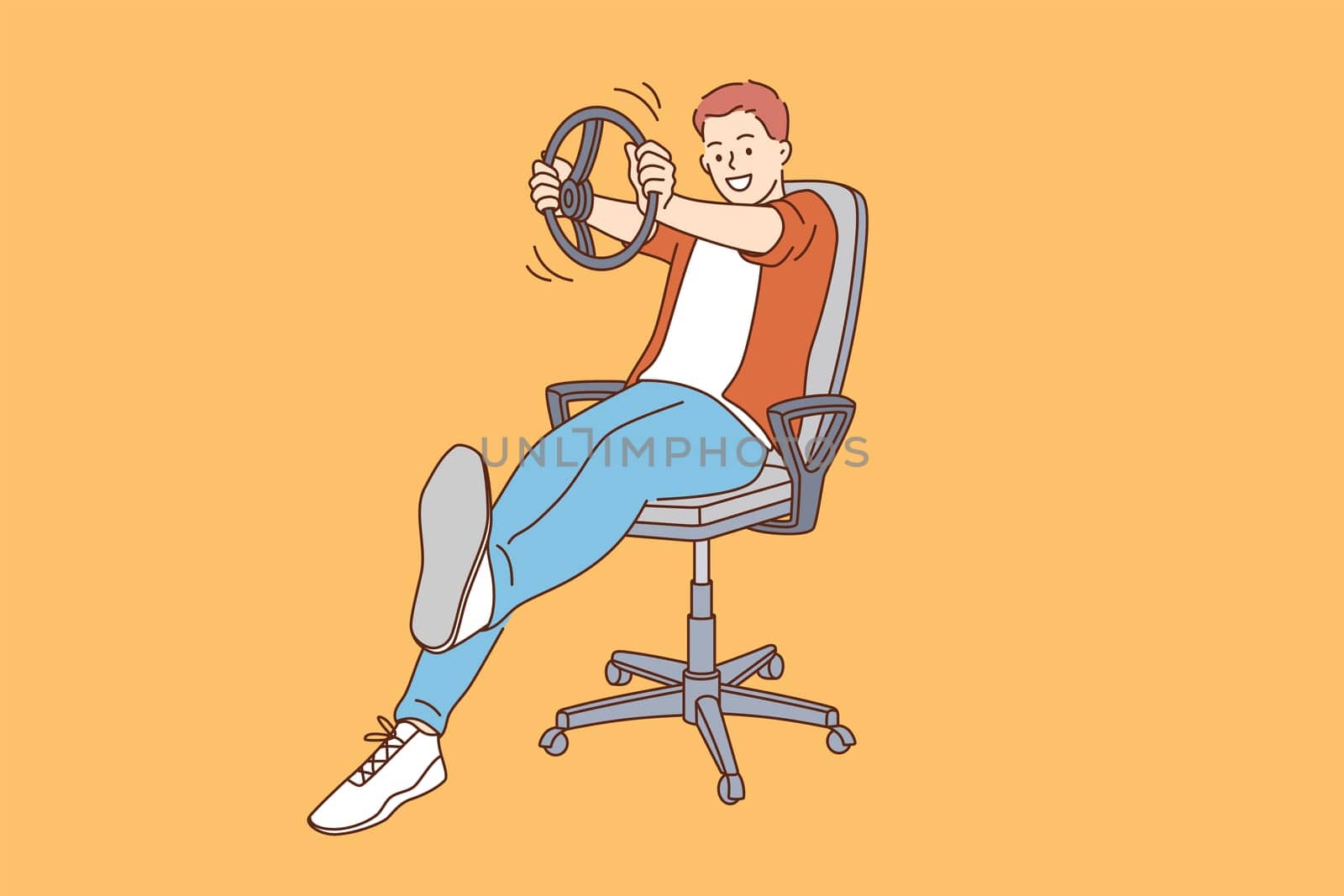 Playing driver and imagination concept. Young smiling boy cartoon character sitting and imagining himself driver holding wheel in hands over yellow background vector illustration