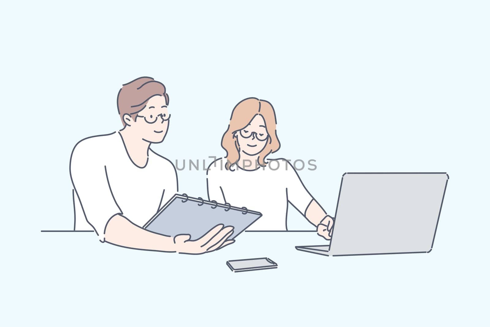Team, coworking, partnership, discussion, meeting business concept. Team of young businesspeople businessman woman coworkers partners colleagues together. Teamwork or office meeting.