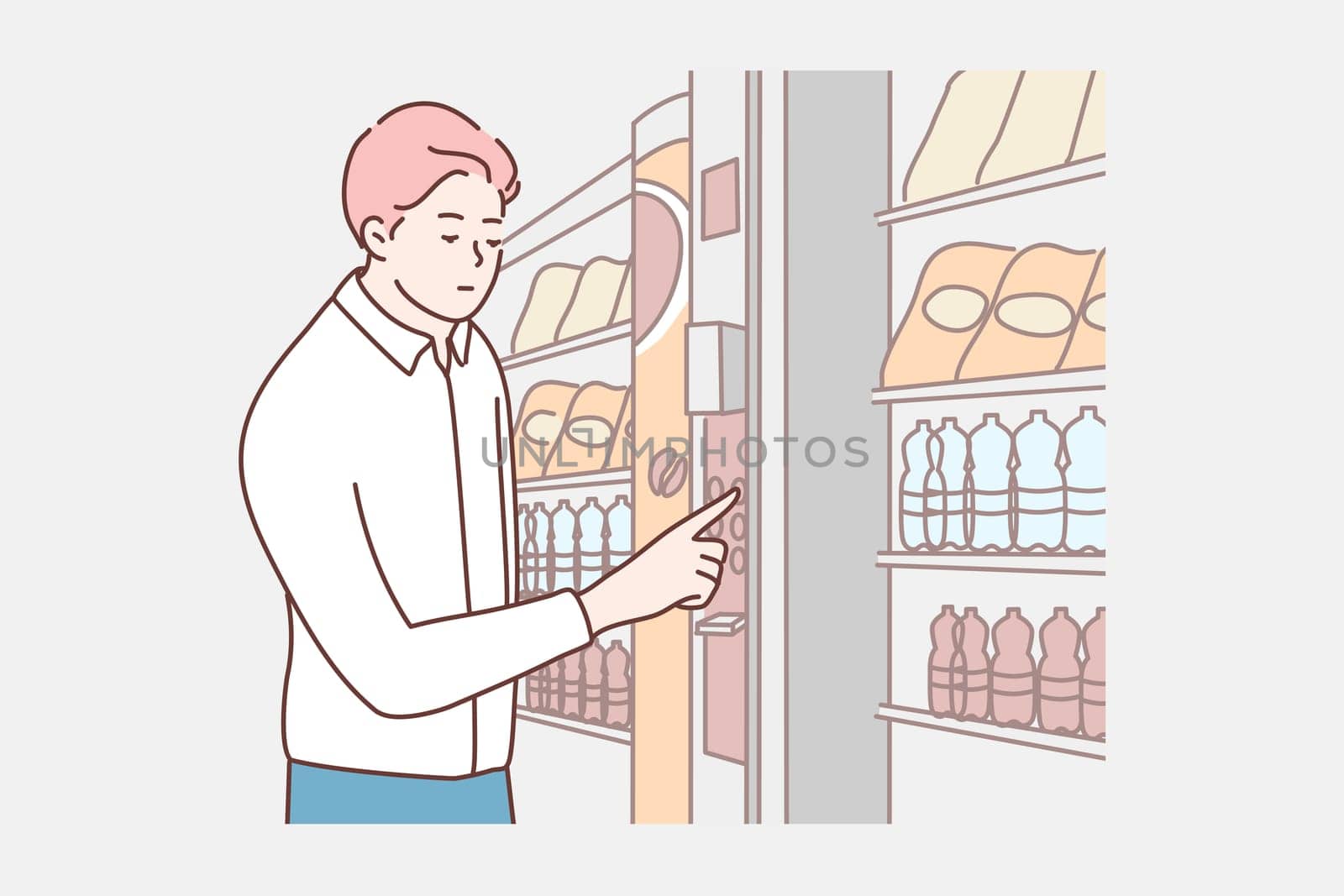 Cashless card payment concept. Young businessman boy clerk manager cartoon character customer buying food drinks at electronic vending machine. NFC service, contactless pay technologies illustration.