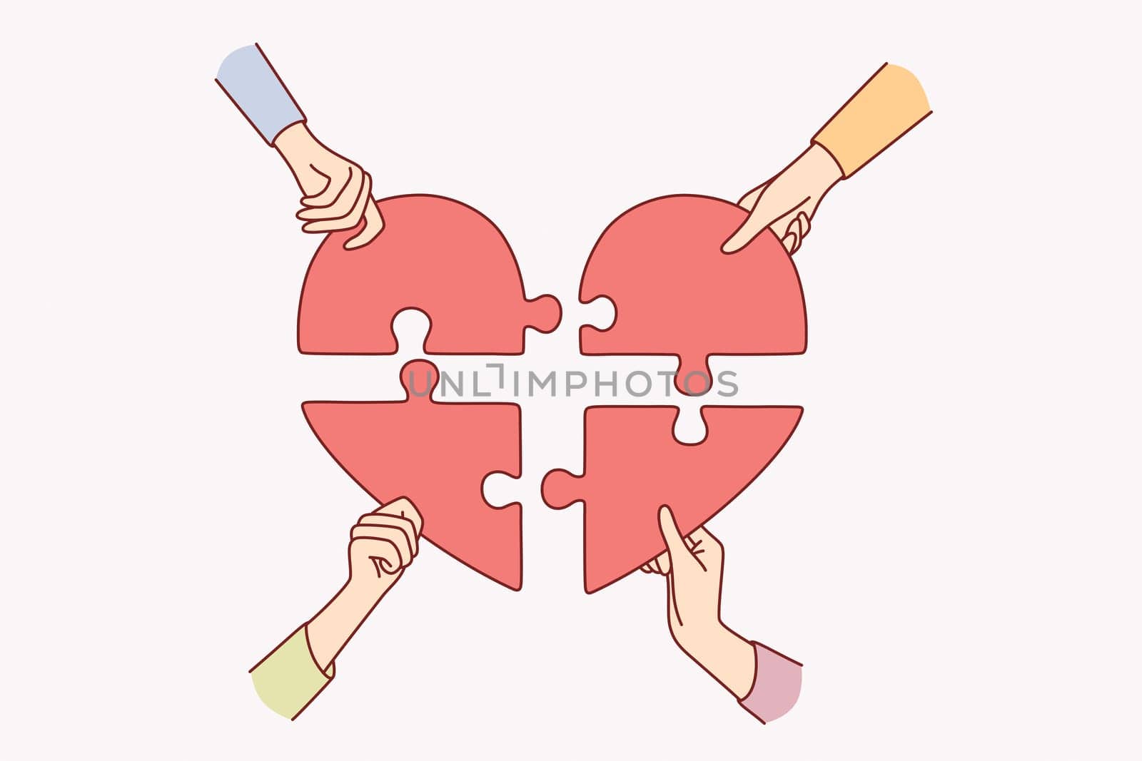 Charity and donation, help concept. Group of people hands holding big heart puzzle symbol on their hands forming heart shape vector illustration.