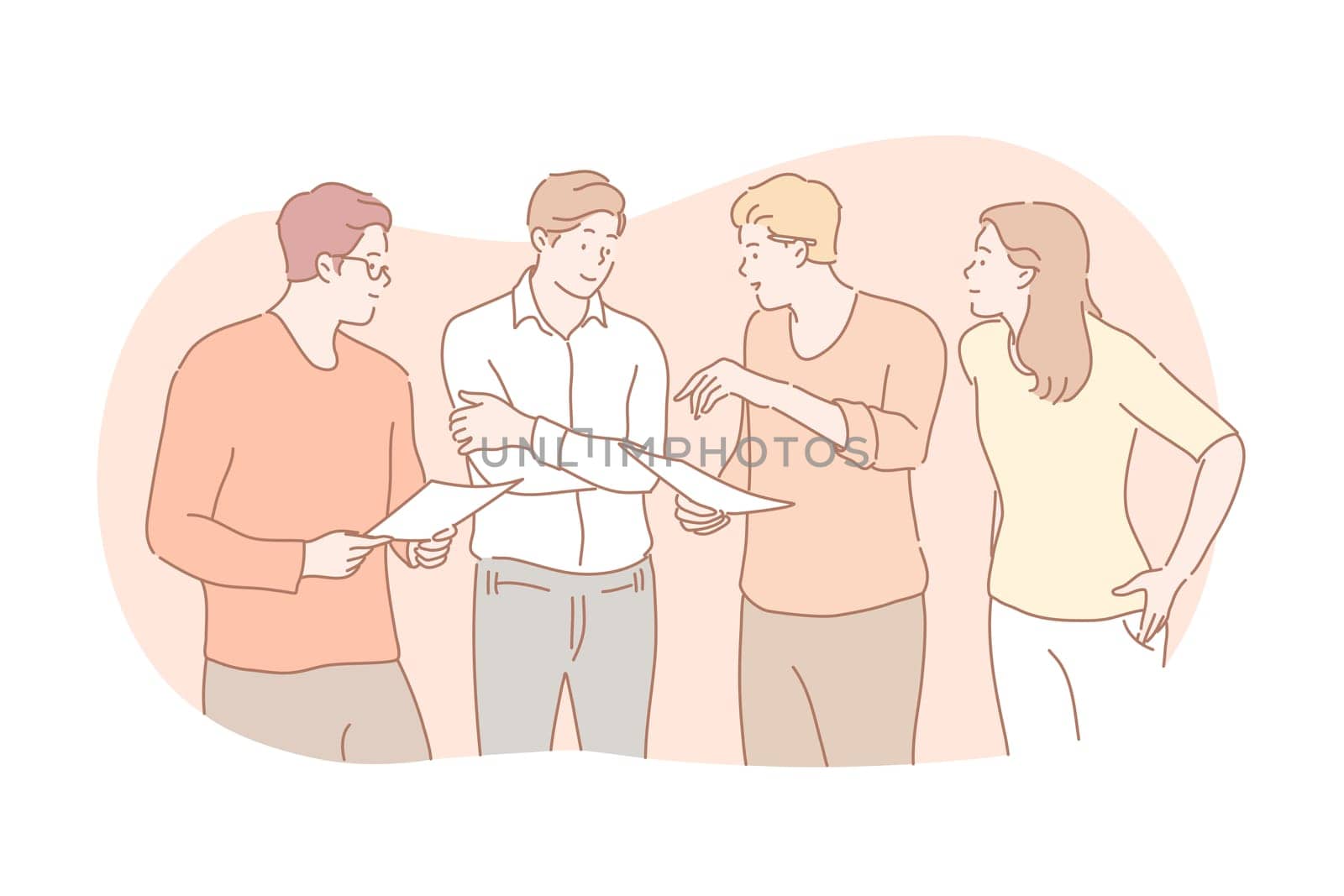 Meeting, coworking, teamwork, discussion, business concept. Team of business people businesswoman men partners collaborate together. Office meeting. Coworkingsis, discussion, planning strategy.