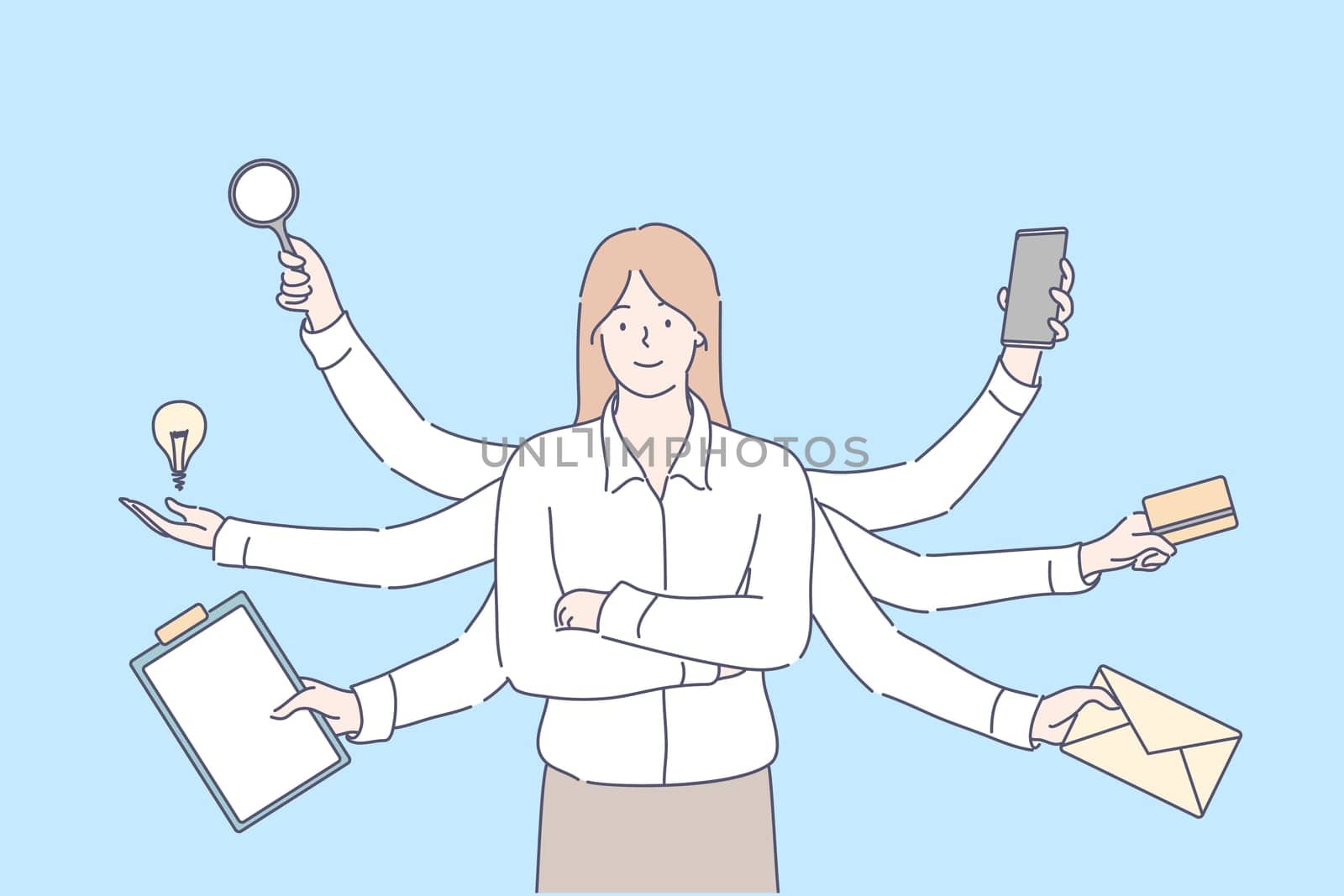Multitasking, efficiency, overload, professional competence, business concept. Young effective overloaded businesswoman, girl manager leader with many hands. Multitasking. Professional competence.