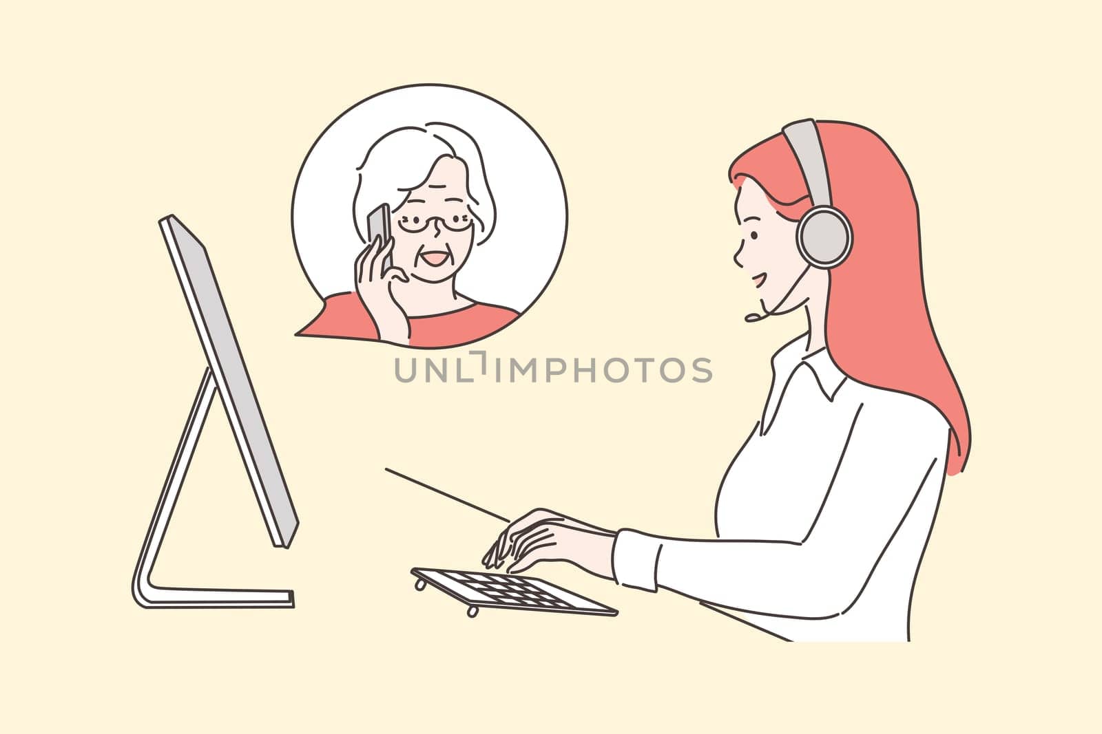 Service, call center, work, communication concept. Young woman operator consultant cartoon character with headset talking with senior citizen old female online. Remote customer support illustration.