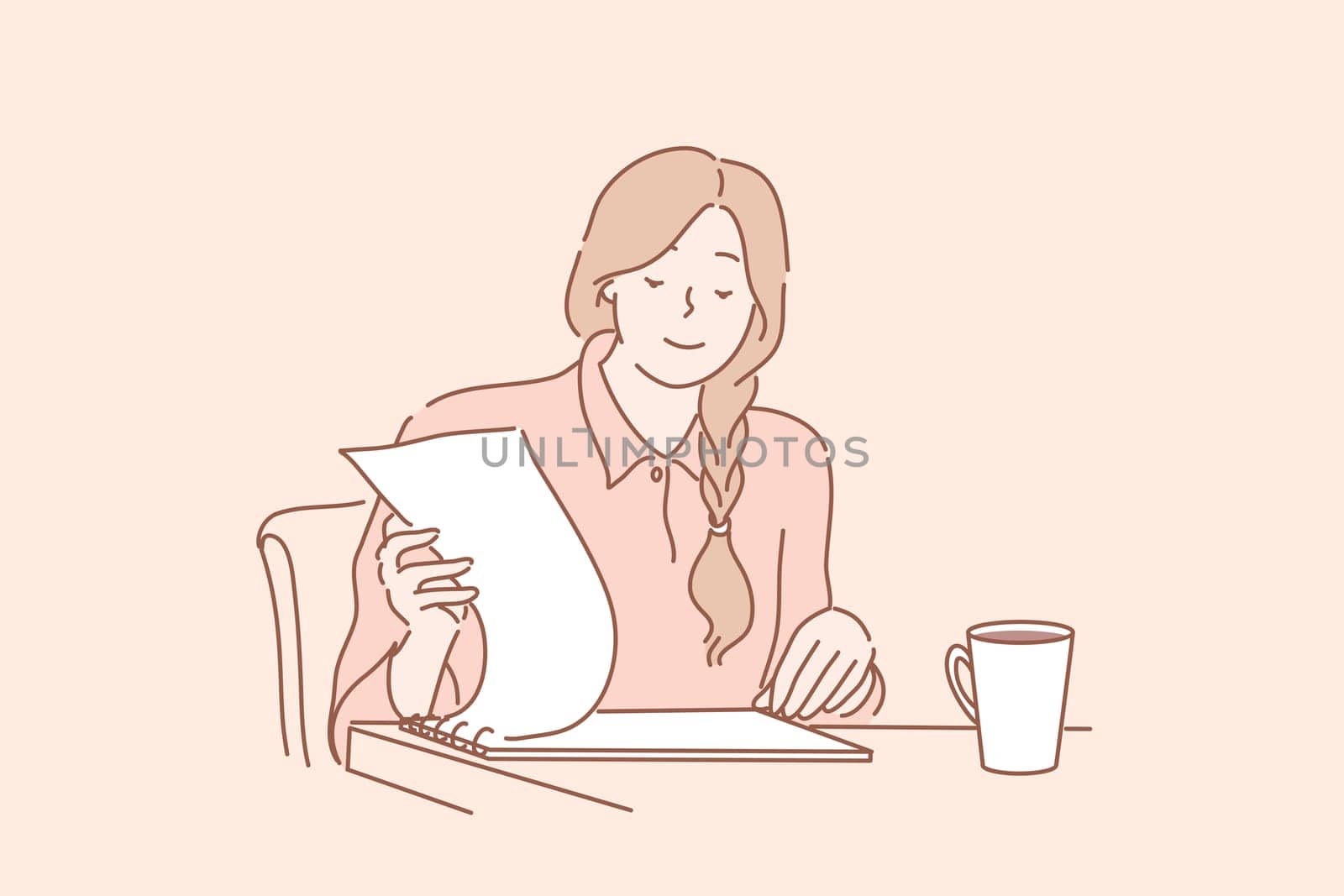 Office clerk reading report, audit, contract, business concept. Young smiling businesswoman clerk manager boss reads, searching, leafs, checks report or contract at office.