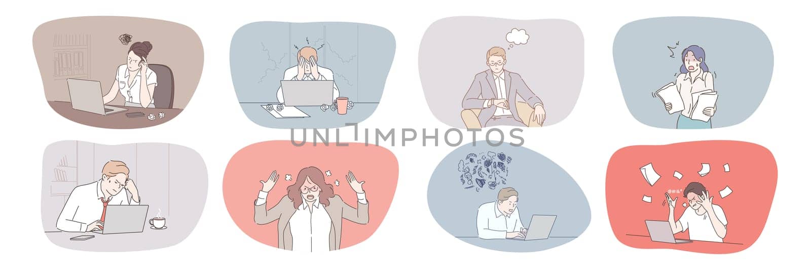 Business, face, expression, emotion, mental stress, frustration, depression, deadline, panic set. Collection of frustrated depressed businessmen women overworking in office having nervous breakdown.