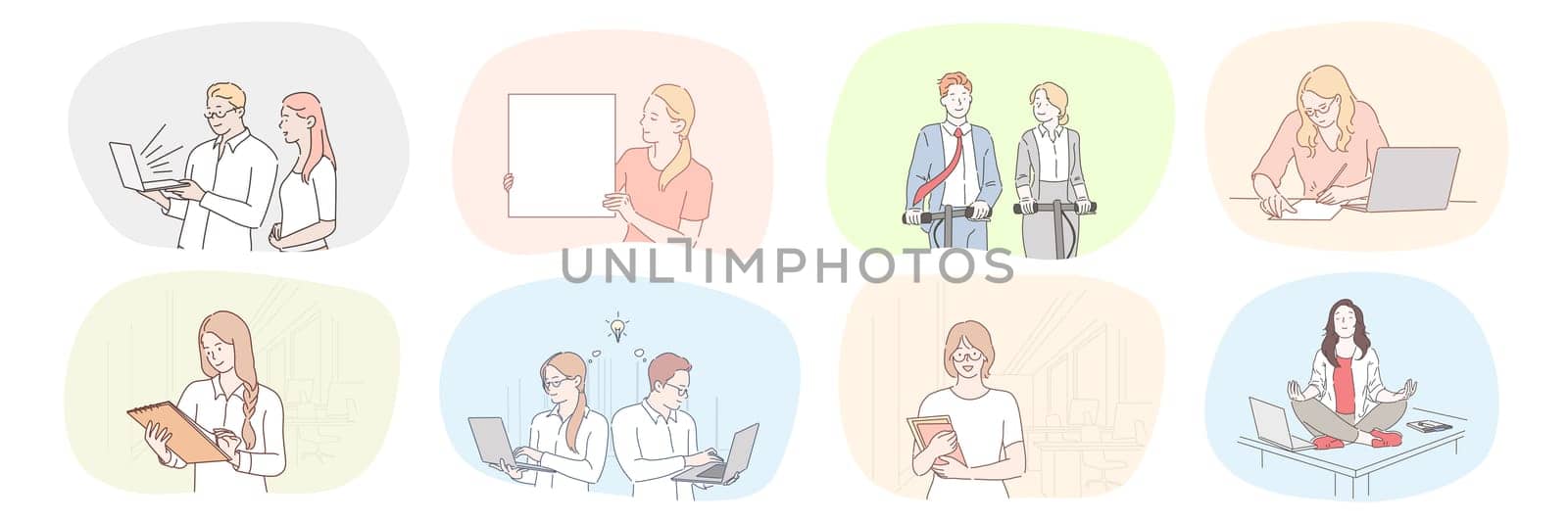 Success, business, meeting, partnership, brainstorming, meditation, communication, teamwork set concept. Collection businessmen women clerks managers working together planning strategy practicing yoga