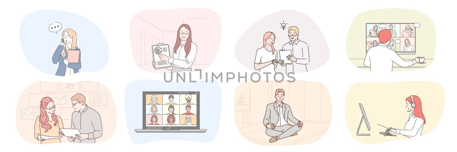 Business, meeting, partnership, brainstorming, meditation, communication, teamwork set concept. Collection businessmen women clerks managers work together planning strategy talking online illustration