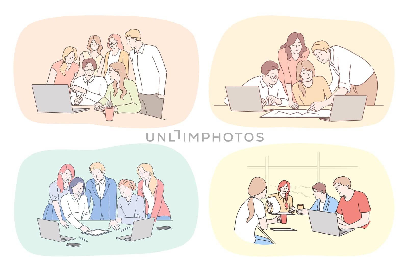 Success, business, leadership, coworking, meeting, partnership, brainstorming, communication, teamwork set. Collection of teams of businessmen women coworkers managers working together in office.