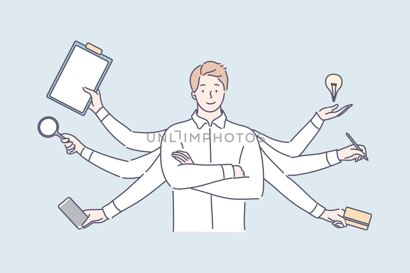 Multitasking, business efficiency, overload, professional competence concept. Young effective overloaded businessman, boy professional clerk competent manager leader with many hands. Multitasking.