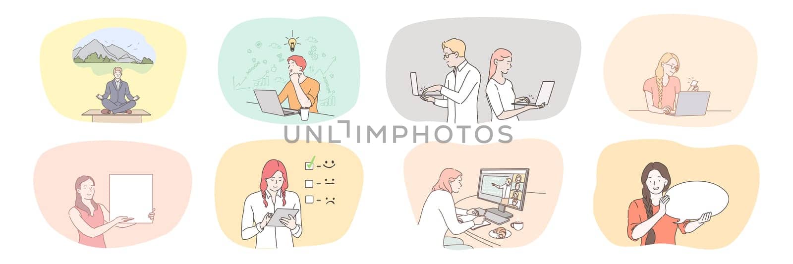 Success, business, meeting, partnership, brainstorming, meditation, communication, teamwork set. Collection businessmen women managers working together planning strategy or checklist practicing yoga.