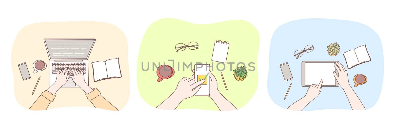 Technology, social media, work, business, freelance set concept. Businessperon freelancer hands using laptop martphone tablet for work social network communication. Digital technologies and epayment.