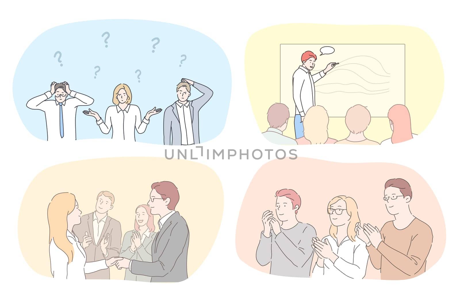 Success, business, leadership, meeting, partnership, brainstorming, communication set. Teams of businessmen women coworkers managers think about problem applauding participating in conference together