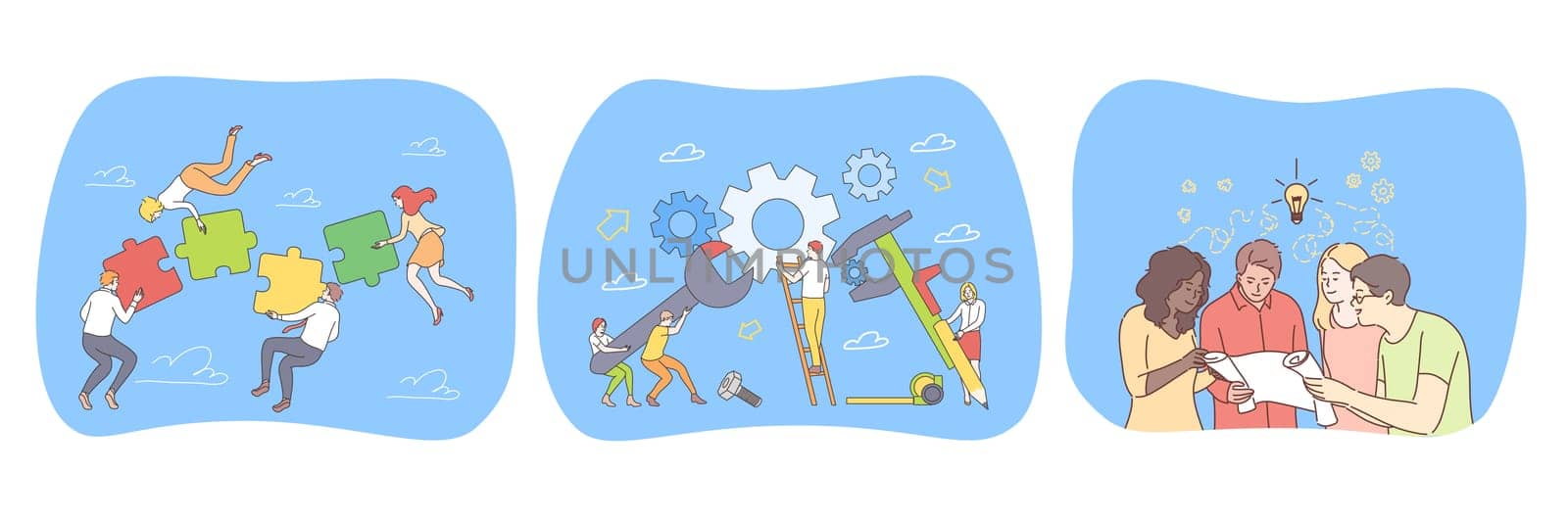 Success, business, idea, coworking, maintenance brainstorming, communication, teamwork set. Teams of businessmen women coworkers collecting jigsaw puzzles repairing gear working thinking together.