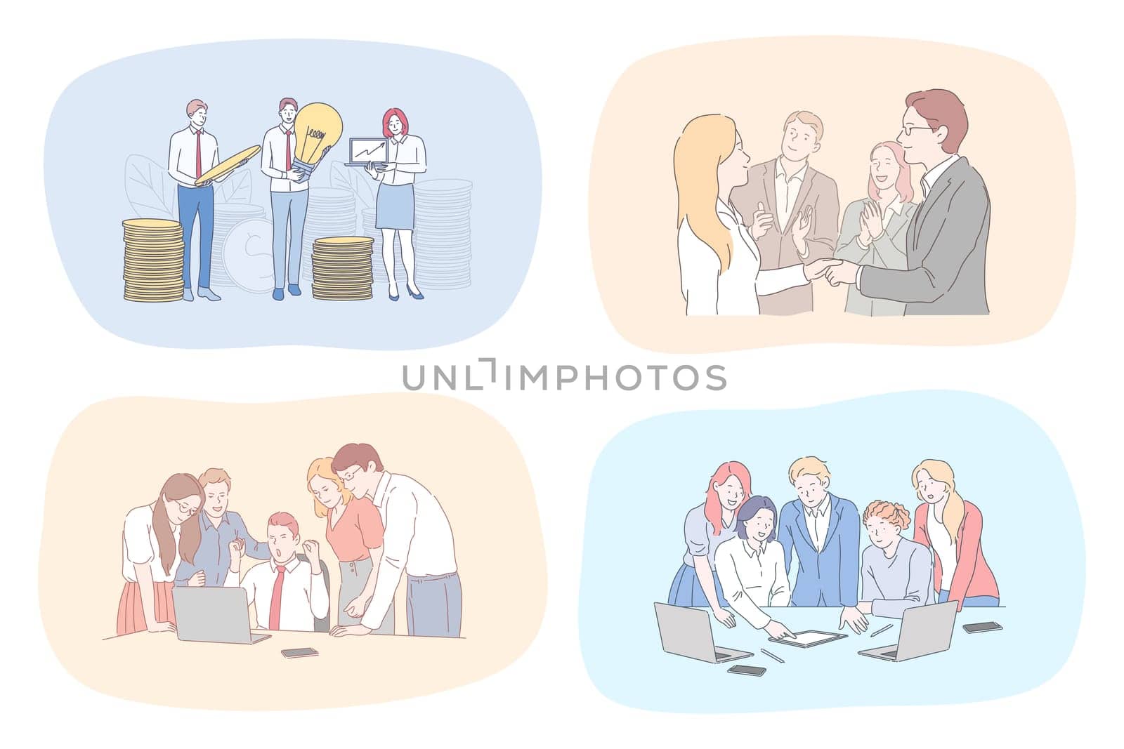 Success, business, leadership, money profit, coworking, meeting, partnership, brainstorming, communication, teamwork set. Teams of businessmen women managers making deal working together in office.