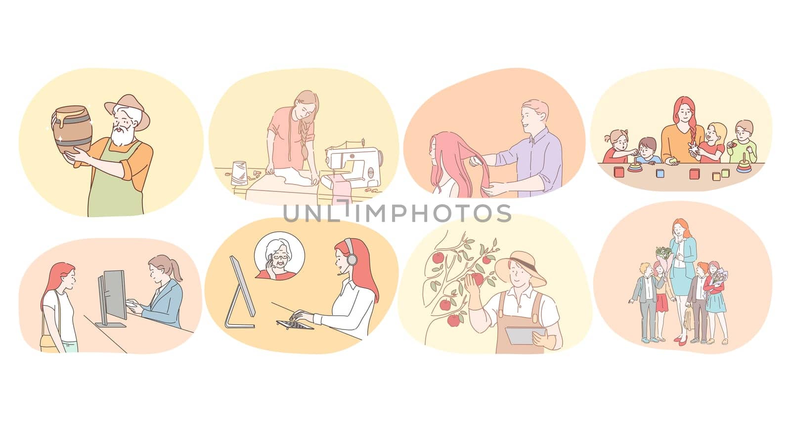 Various professions and occupation concept. People professional beekeeper, dressmaker, hairdresser, nanny in kindergarten, consultant, call center operator, farmer, teacher in school during work
