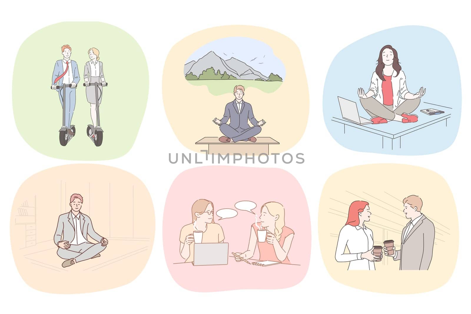Recreation, business, meditation, communication set concept. Collection of businesspeople men women clerks managers taking on coffee break together practicing yoga and chatting in cafe illustration.