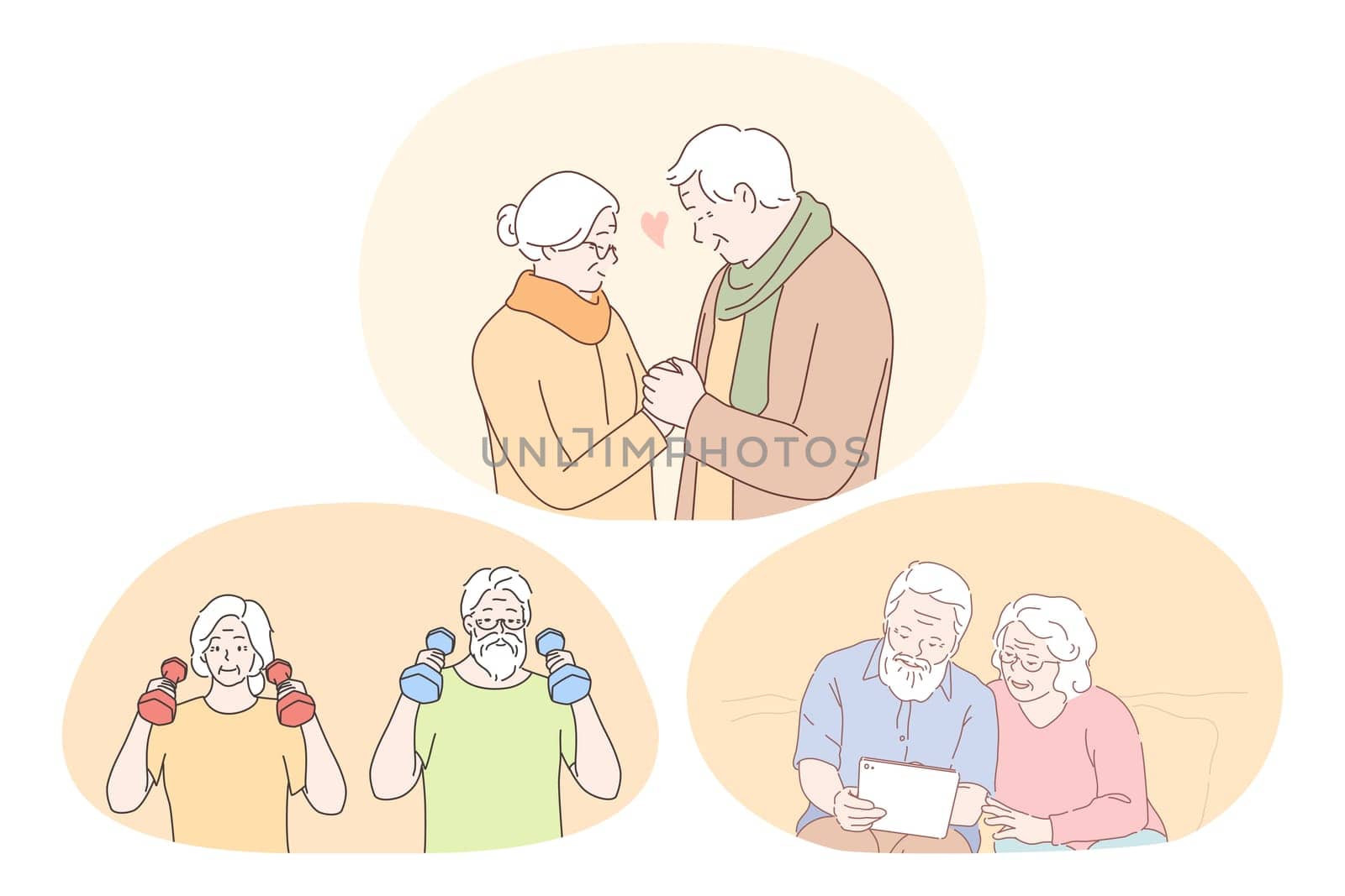 Senior elderly couple living happy active lifestyle concept. Mature aged couple making fitness training, reading book or looking at photo album and enjoying time and love together