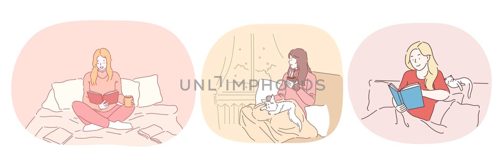 Relaxation with book at home, lazy bedding time concept. Young positive women in comfortable home clothing staying in bed, reading books and relaxing with cat and hot drink at home