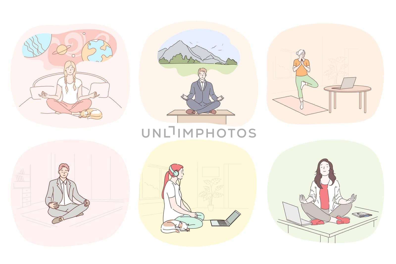 Recreation, business, healthcare, antistress, meditation set concept. Collection of businessmen women cartoon characters resting at home and practicing yoga in office. Healthy lifestyle illustration.