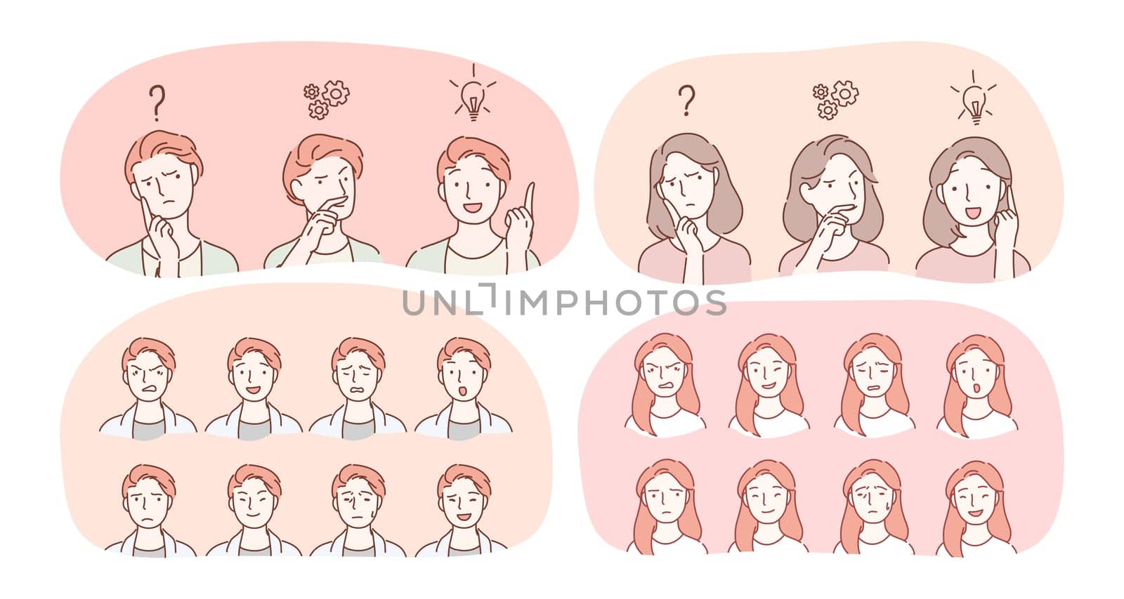 Emotions, facial expression variety concept. Male and female face with various positive and negative expressions showing frustration, enlightenment, sadness, aggression, happiness, brooding, surprise
